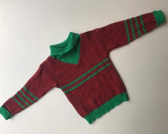 Vintage knit sweater maroon green 1970s boy girl 7-8 years kid jumper