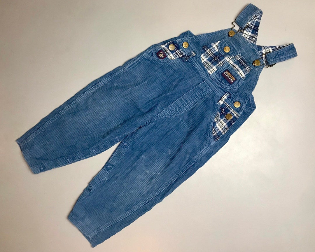 Vintage Blue Cord Plaid Overalls Boy Girl Dungarees 1824 Months 1990s