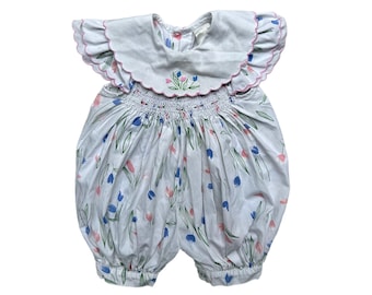 Vintage floral smocked baby playsuit summer girl 6-9 months 9-12 embroidered bib collar