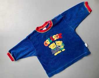 Vintage baby 1990s 6-9 months colour block sweater velour sweatshirt blue red yellow jumper Teddy bear