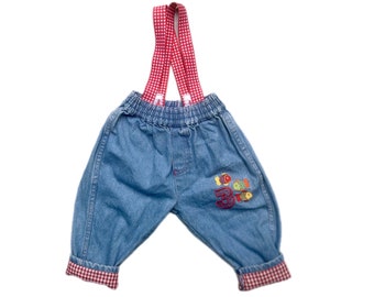 Denim dungarees Baby boy girl retro vintage overalls 3-6 months 1980s bright unisex Apple