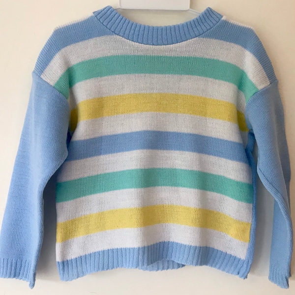 Vintage knit 1980s baby sweater 6-9!months jumper blue stripe boy girl retro