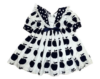 Vintage baby girl sailor dress black white apples summer 9-12 months