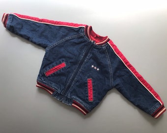 Vintage denim bomber jacket boy 1990s 2-3 years blue red retro