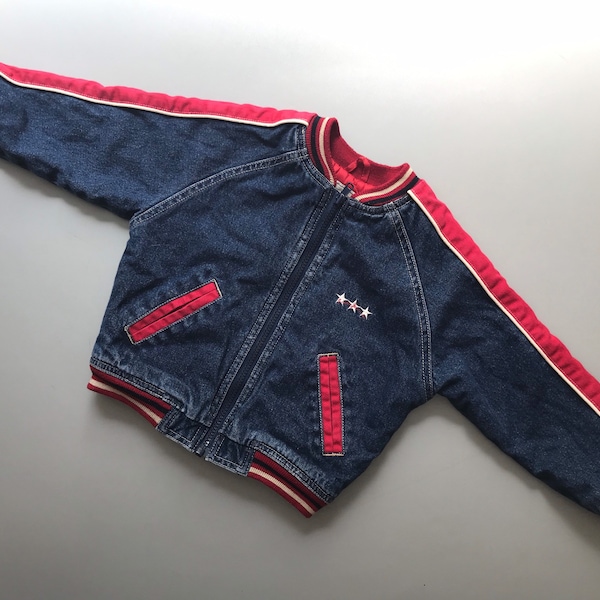 Vintage denim bomber jacket boy 1990s 2-3 years blue red retro