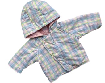 Baby girl plaid jacket vintage 1980s 3-6 months Retro padded pastel clothing