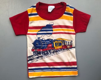 Vintage bebé niño top camiseta verano 9-12 meses 1970 retro tren azul amarillo