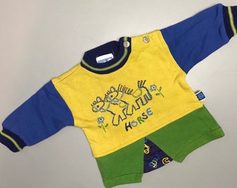 Vintage Baby 1990er Farbblock Sweatshirt 3-6 Monate Pferd Pony gelb blau grün Mädchen Junge