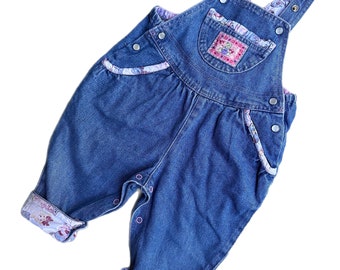 Vintage girls denim teddy bear ruffle overalls dungarees 6-12 months 1990s