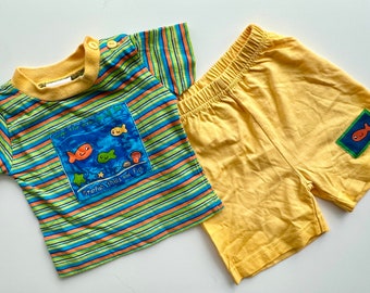 Summer baby outfit vintage 1990s 0-3 months baby boy girl outfit stripe yellow track girl shorts shirt retro