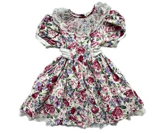 Vintage floral girls dress 5-6 years white tiered pink lace