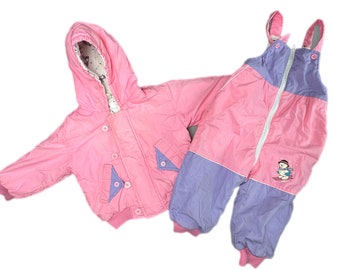 Snowsuit 2 piece winter jacket salopette  padded colour block pink hooded retro baby girl 12-18 months