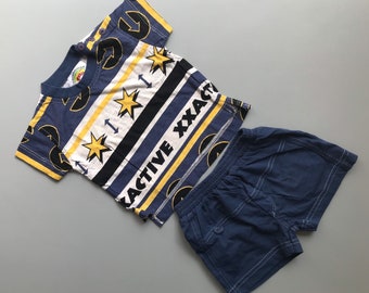 Vintage shorts shirt boy colour block blue yellow stars girl summer outfit 6-9 months 3-6 Bright 1990s retro