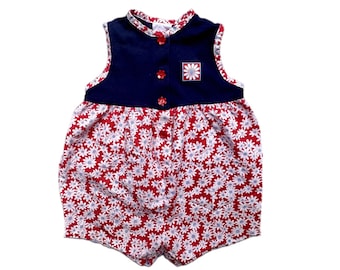 Vintage baby girl floral playsuit 6-9 months 9-12 floral blue red summer