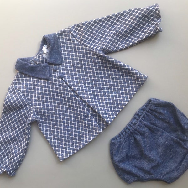 Vintage outfit boy girl 9-12 months summer shorts shirt 1970s blue check