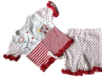 Baby Girls summer shorts shirt outfit 6-9 9-12 months red white ruffle retro vintage