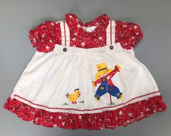 Red apron dress embroidered baby girl white 6-9 months 9-12 1980s ruffles scarecrow