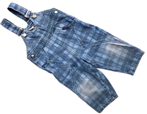 Vintage plaid denim dungarees baby boy girl 9-12 … - image 1