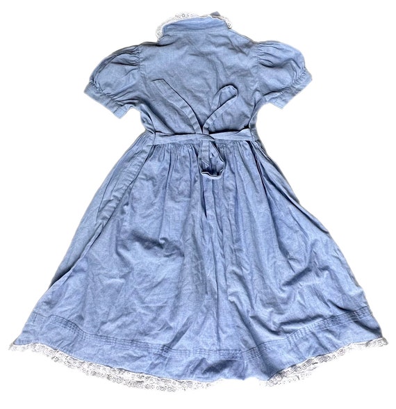 Vintage blue chambray dress girl 6-7 years retro … - image 4
