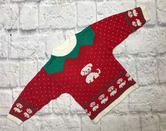 Vintage Christmas jumper girl boy  7 8 years 1980s red green dogs sweater holiday