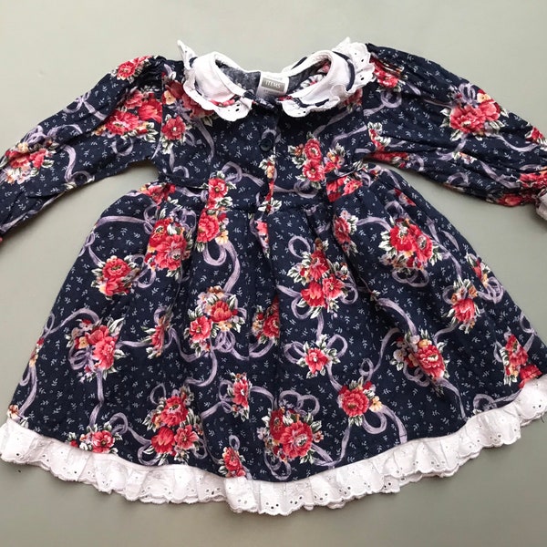 Vintage dress baby girl 6-9 months Spanish traditional lace floral 1990s winter collar