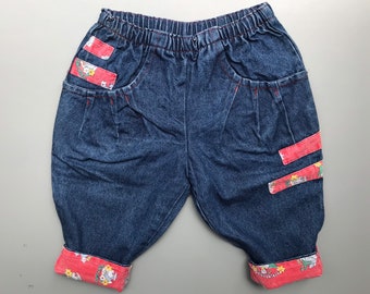 Vintage blue jeans baby boy girl 9-12 months 1990s bright turn ups lined  denim trousers pants retro