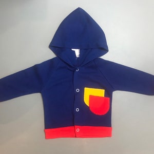 vintage bébé garçon fille 3-6 mois sweat à capuche 1980s bleu rouge jaune cardigan