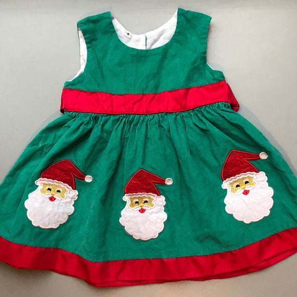 Vintage baby girl Christmas dress red green Santa Claus 3-6 months holiday 1990s cord sleeveless