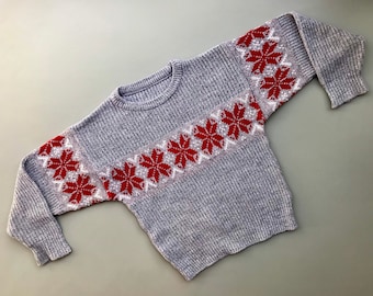 Vintage Christmas jumper girl boy 7-8 years 1980s red grey snowflakes sweater holiday