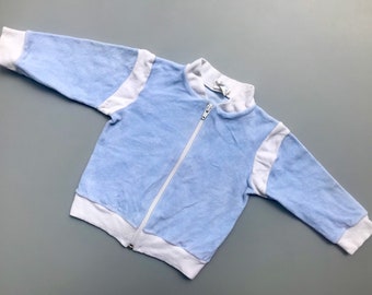 Vintage 1980s velour blue zip up cardigan baby girl boy 12-18 months sweater retro