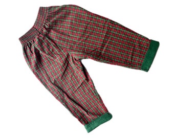 Vintage plaid trousers boy 18-24 months red green 1990s girl turn ups pants retro