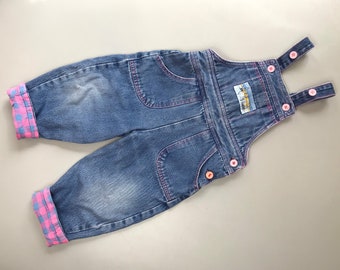 Vintage denim overalls Christmas girl 9-12 months bubble dungarees 1990s check pink blue turn ups