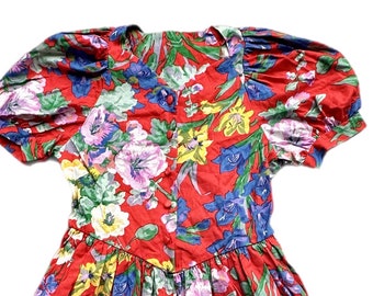 Knallrotes Blumen Kleid Mädchen 4-5 Jahre 4t Vintage 1990er Jahre Retro Sommer