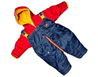 Vintage snowsuit baby colour block primary 6-9 months 9-12 boy girl 1990s blue red yellow warm waterproof hooded