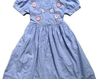 Vintage blue chambray dress girl 6-7 years retro lace denim 1990s appliqué floral butterfly