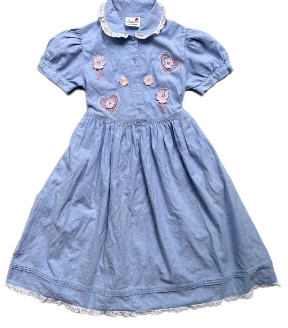 Vintage blue chambray dress girl 6-7 years retro … - image 1