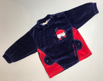 Vintage baby red blue color block velour sweater 1990s 3-6 months 0-3 girl boy