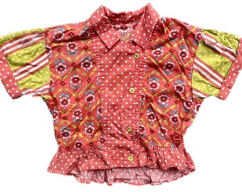 Vintage patchwork floral shirt girl 3t 4t 4-5 years 3-4 1990s retro summer bright button down cropped