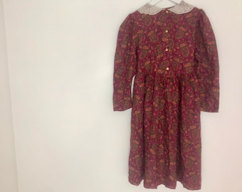 Vintage 1990s paisley girls dress 7-8 years traditional long sleeved lace collar autumn colors
