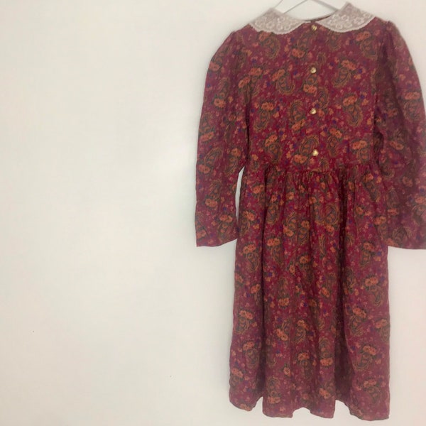 Vintage 1990s paisley girls dress 7-8 years traditional long sleeved lace collar autumn colors