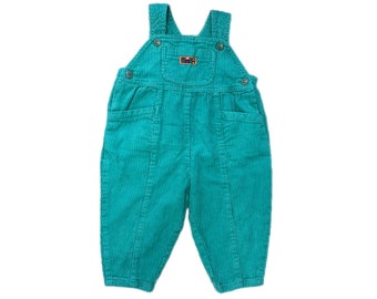 Vintage corduroy overalls girl boy bright 9-12 months dungarees 1990s teal green