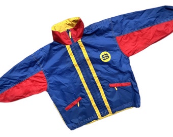 vintage color block imperméable coupe-vent garçon fille 7-8 ans enfants rouge jaune bleu années 1990 rétro léger