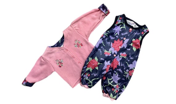 Floral baby dungarees girl outfit 1990s 9 12 months overalls bright pink blue vintage retro