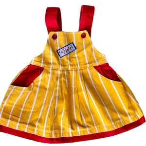 Vintage denim dress 2t 18-24 months 1990s girl pinafore bright yellow red girl retro