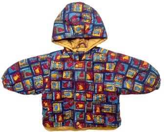 Vintage colour block patchwork padded winter jacket 1990s baby boy girl 9-12 months hooded