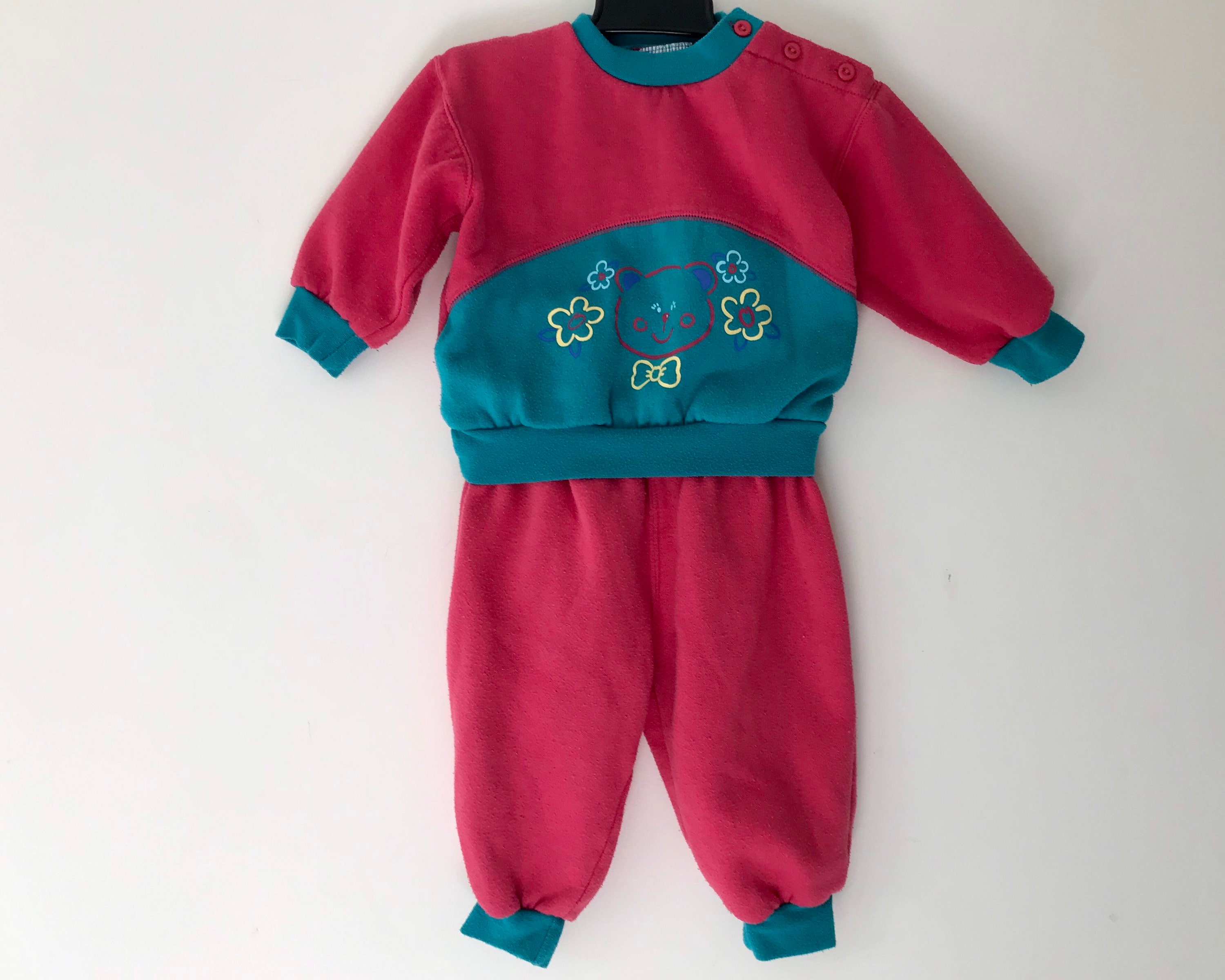 Vintage 90s tracksuit 12 18 months color block 1990s baby girl teddy bear pink green sweater sweatshirt