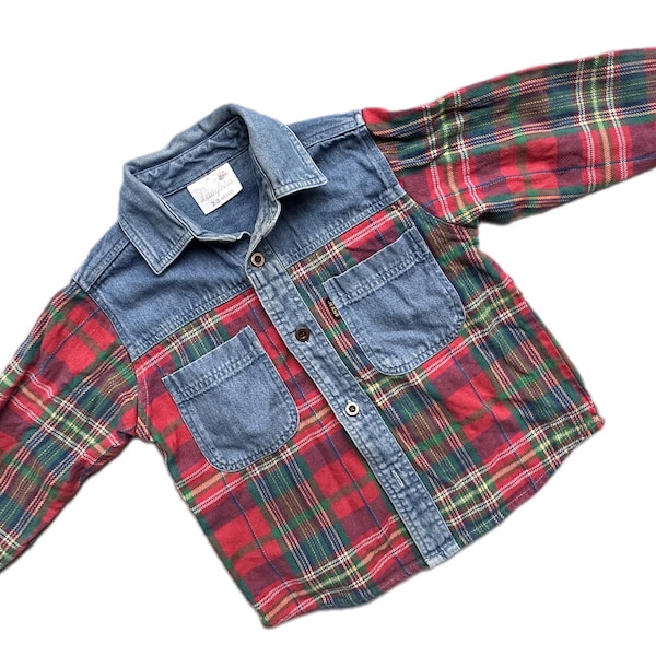 Chemise en denim à carreaux vintage color block garçon 2 ans 2-3 ans boutonnée années 1990 rétro bleu marine vert rouge