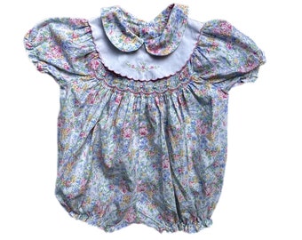 Vintage baby girl smocked romper 3-6 months floral romper Playsuit 1980s