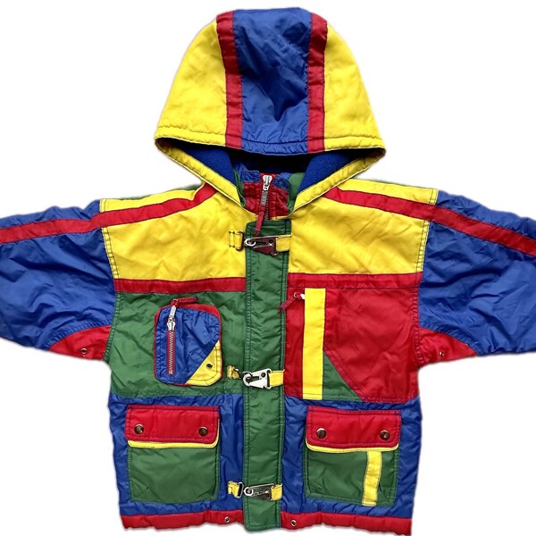 Vintage 1990s winter jacket 7-8 years boy girl green red blue retro coat hood thick padded