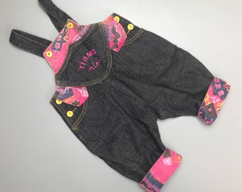 Vintage 1980s black denim overalls baby girl 6-9 months pink lining retro dungarees turn ups